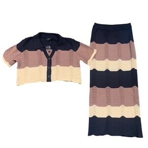 Vici 2-Piece Crochet Set Navy Taupe Cream Pointelle Top Maxi Skirt New L / M